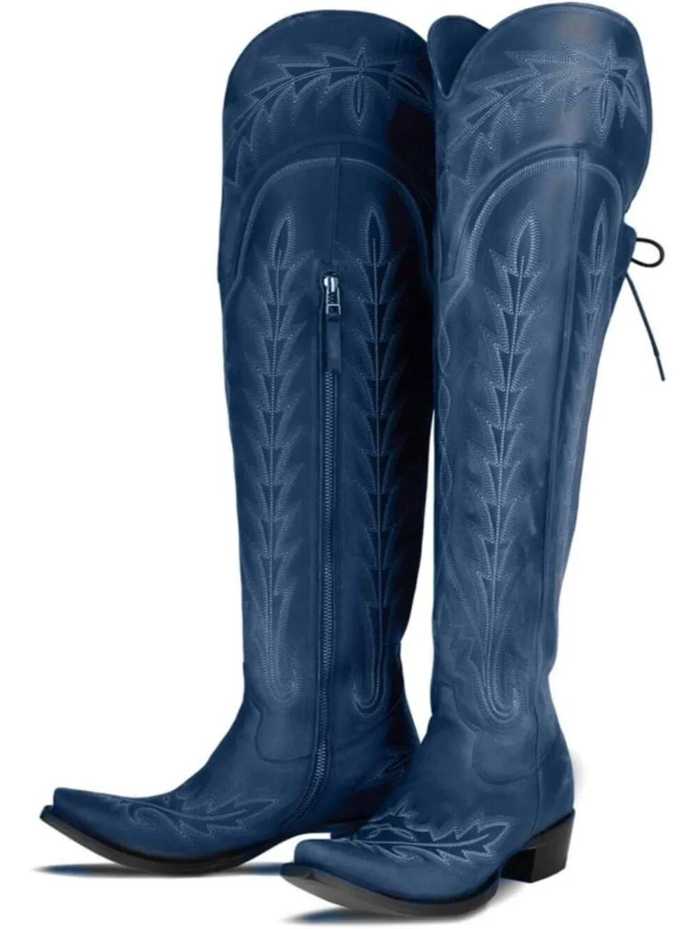 Women's Navy Blue Pointed Toe Wide Calf Western Embroidered Over The Knee Boots